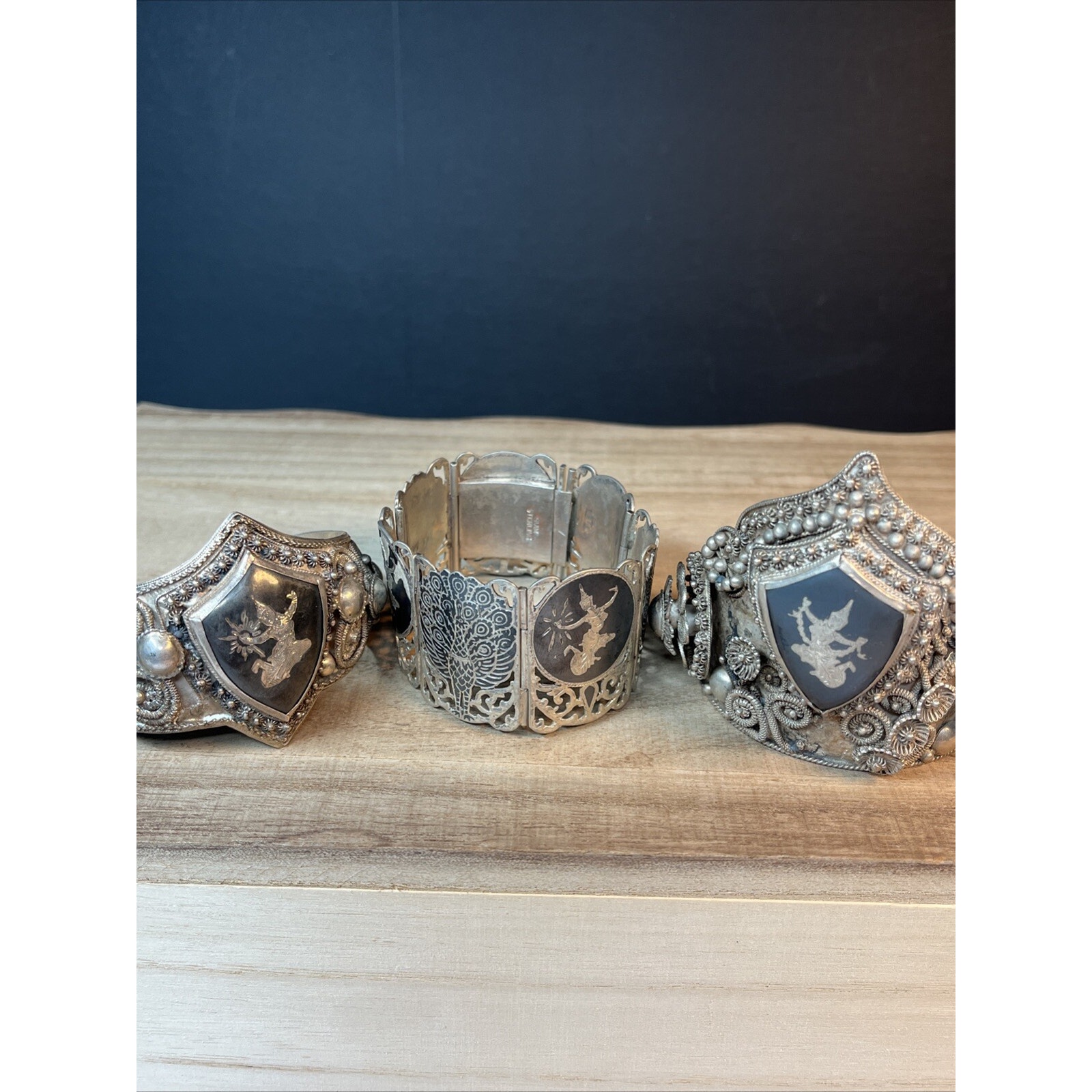 Vintage Sterling Silver 925 Lot Of 3 Siam Chunky Bracelets Black Enamel As Is